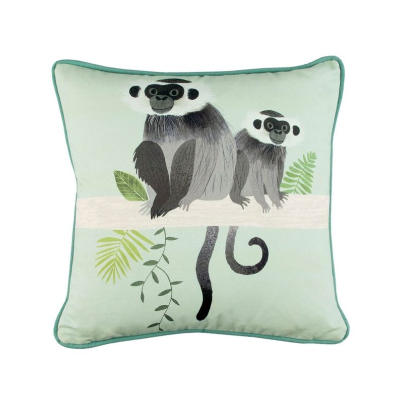 Painterly monkey design green cushion 