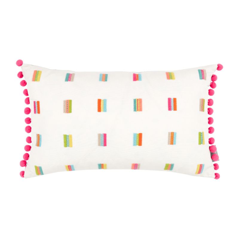 Throw cushion with colourful details and bobbed edging. 