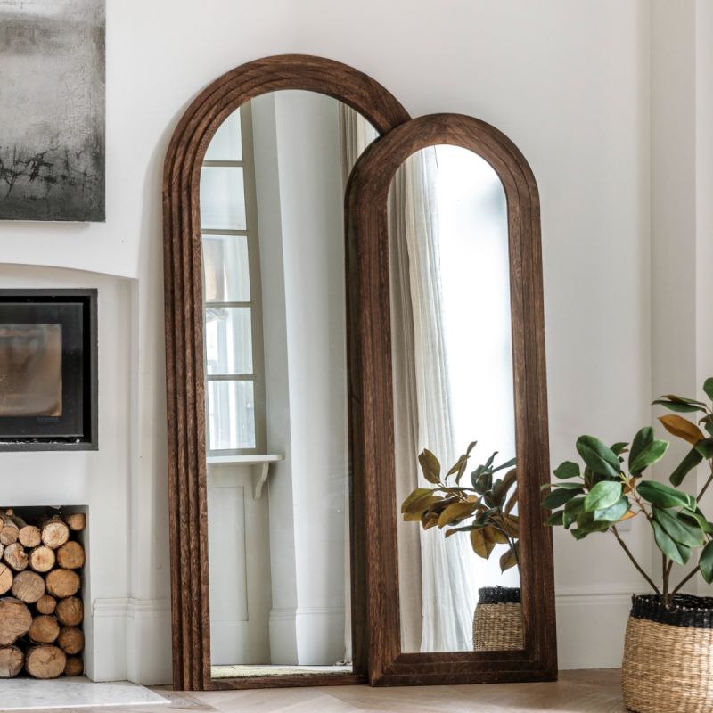 Full length wooden mirror with arched shape 