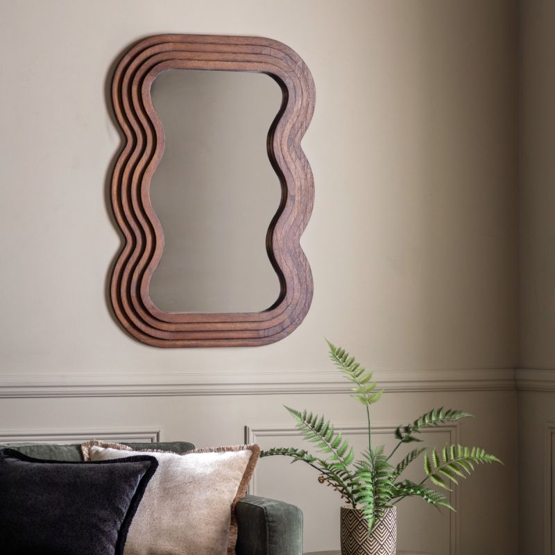 Brown wooden mirror with wavy edge frame