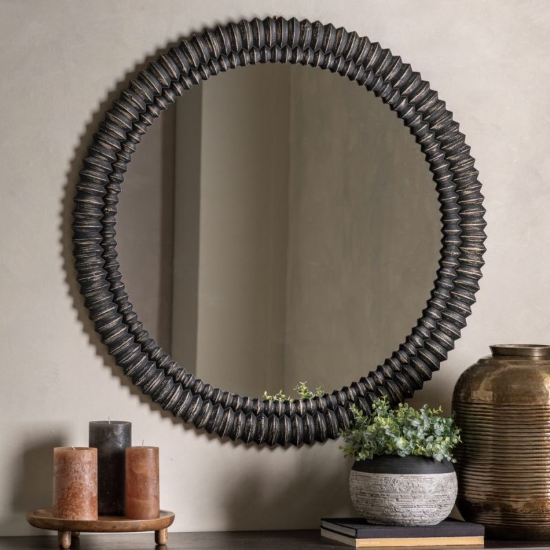 Black washed round mirror with intricate etching