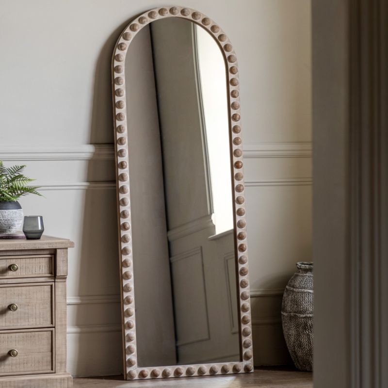 Wooden leaner mirror with 3D wooden bobble details
