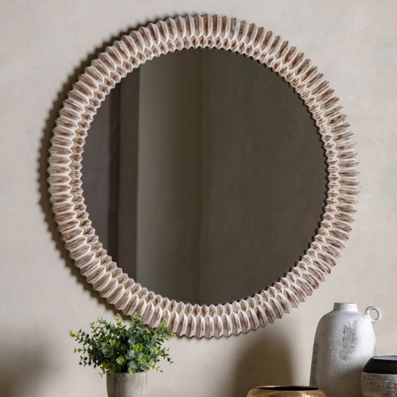 Whitewashed overmantle mirror with intricate etching