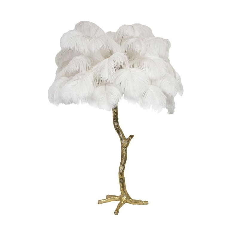 Mini ostrich feather lamp in white with a gold base