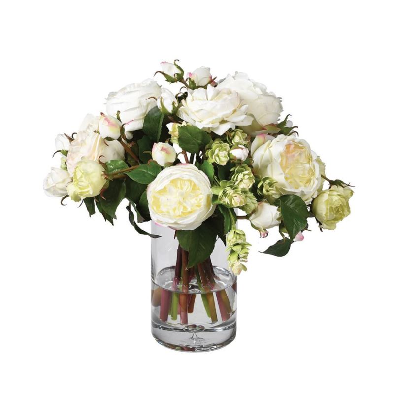 white rose floral arrangement in clear vase