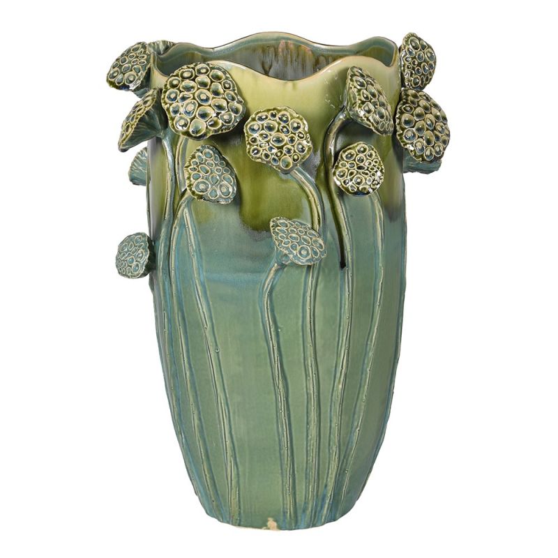 Green vase featuring lotus flowers