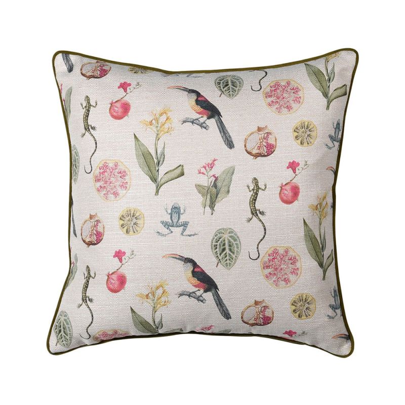 A fabulous botanical cushion with detailed illustrations of plants, fruits and wildlife