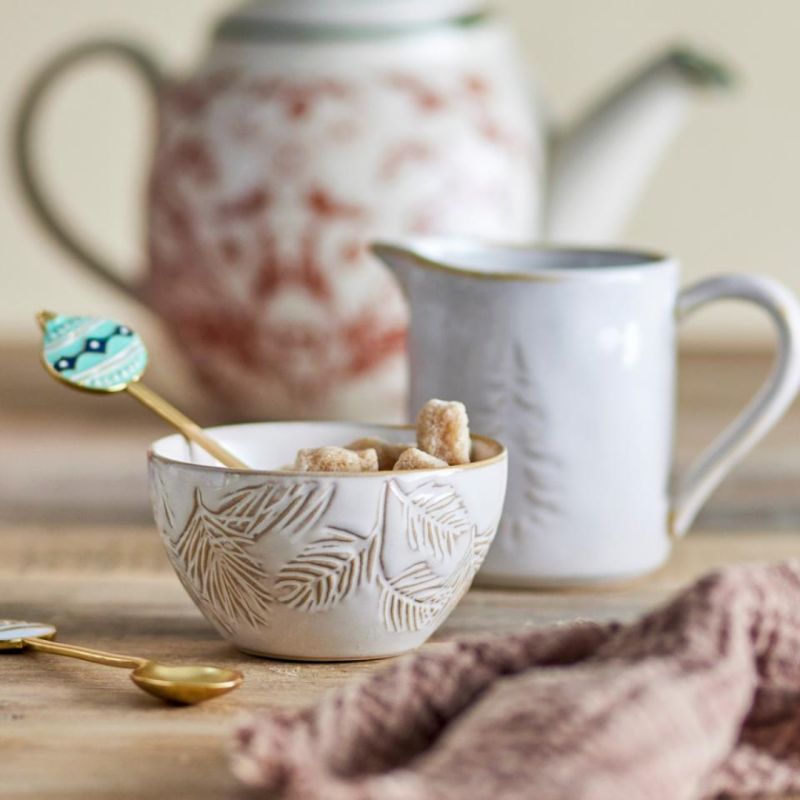 Set of 2 embossed ceramic bowls, with fur leaf print