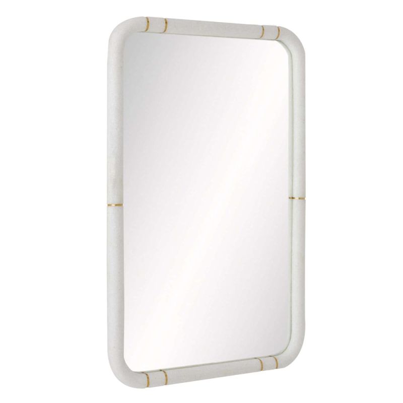 White ricestone rectangular mirror with brass inlays