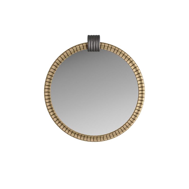Circular mirror with boldly ribbed textural exterior 