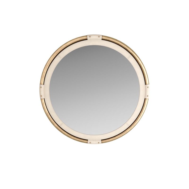 Round mirror framed in antique brass and wrapped in stitched ivory leather