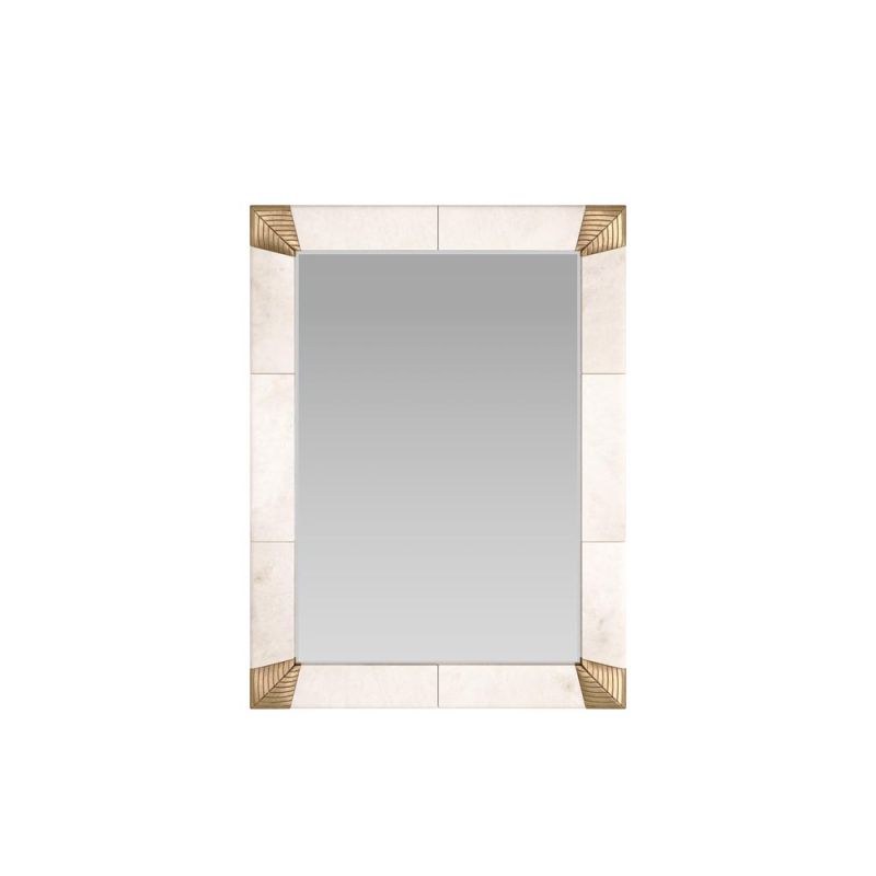 Rectangular mirror wrapped in ivory vellum accented with brass corners
