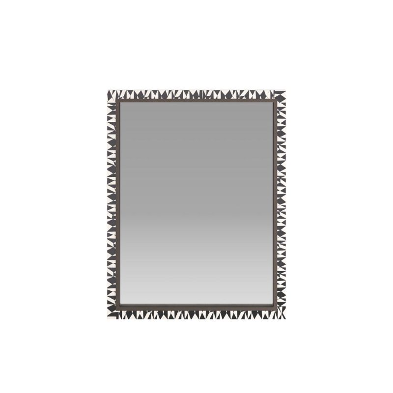 Delicate mosaic of black and white resin adorn a rectangular mirror