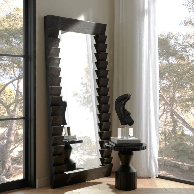 Full-length mirror with black wooden zigzag detailed black frame