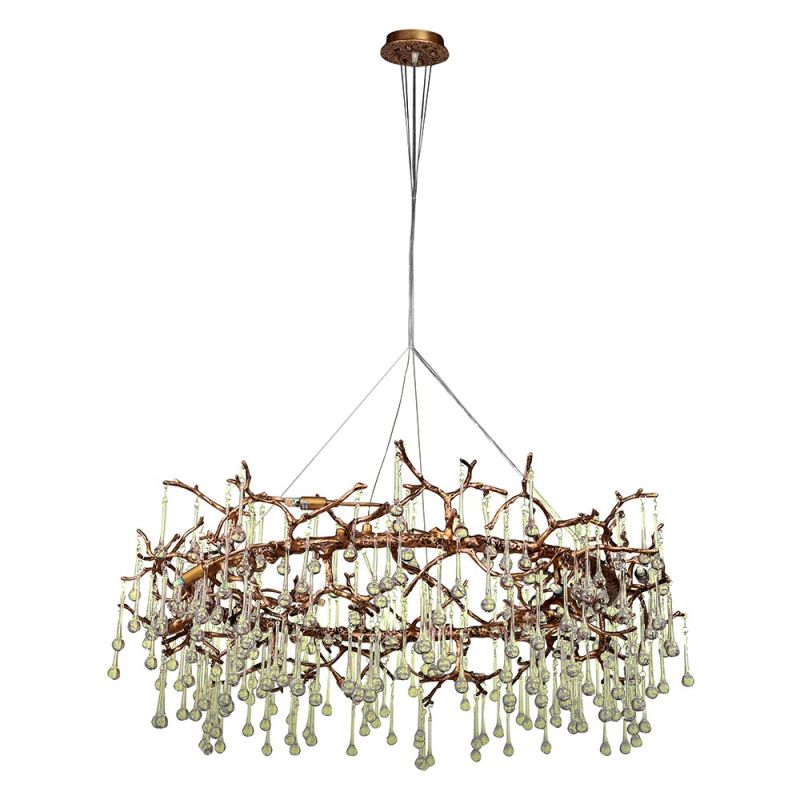 Mesmerising chandelier composed of green glass drops and gold frame