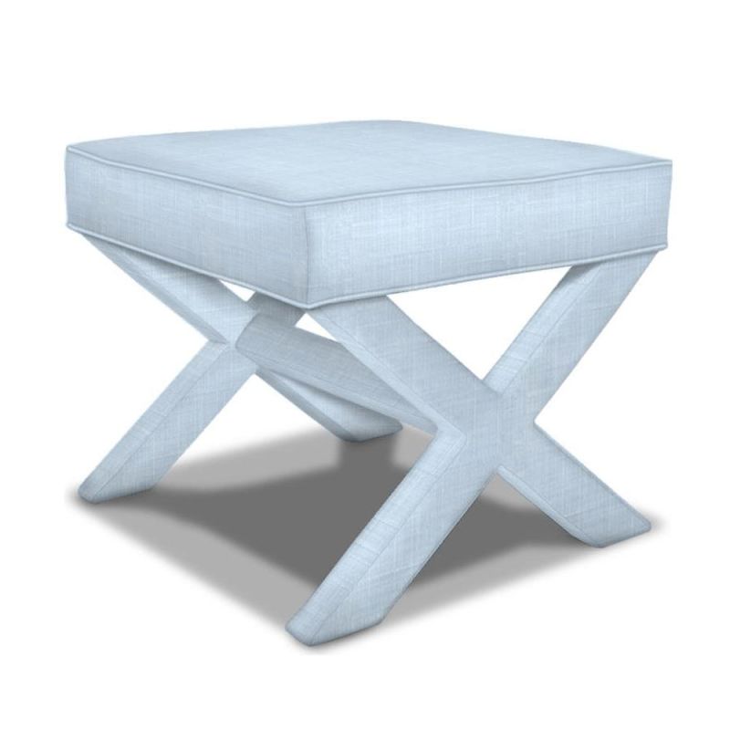 A luxurious bench with x-shaped legs with sky blue upholstery 