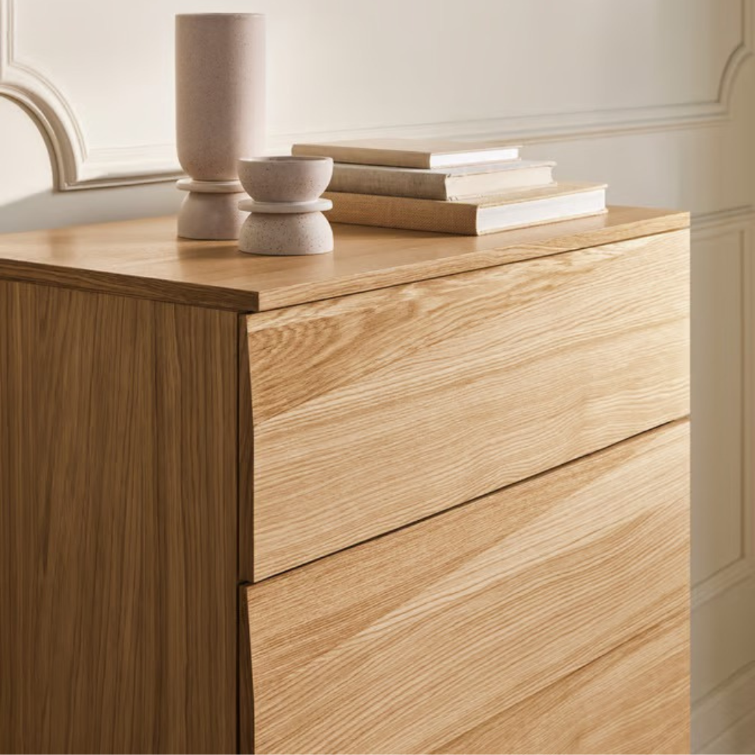 Elevate your space with our Silent Dresser. Featuring 3 smooth-gliding drawers in white pigmented oiled oak for a modern, serene touch.