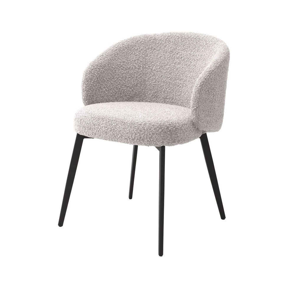 Cosy grey boucle dining chairs with curved back/arm rest
