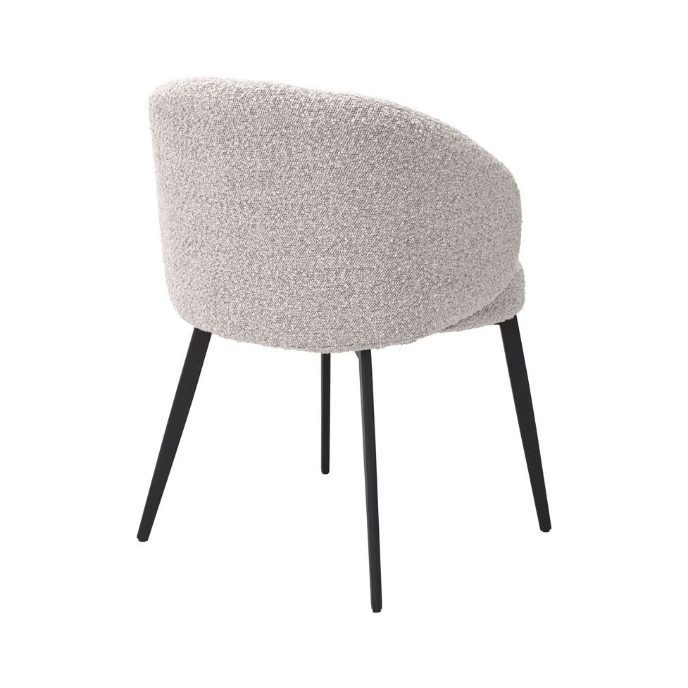 Cosy grey boucle dining chairs with curved back/arm rest