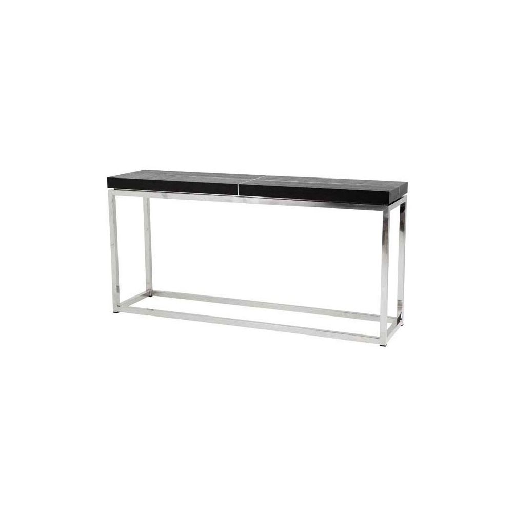 Black oak top console table with polished stainless steel base