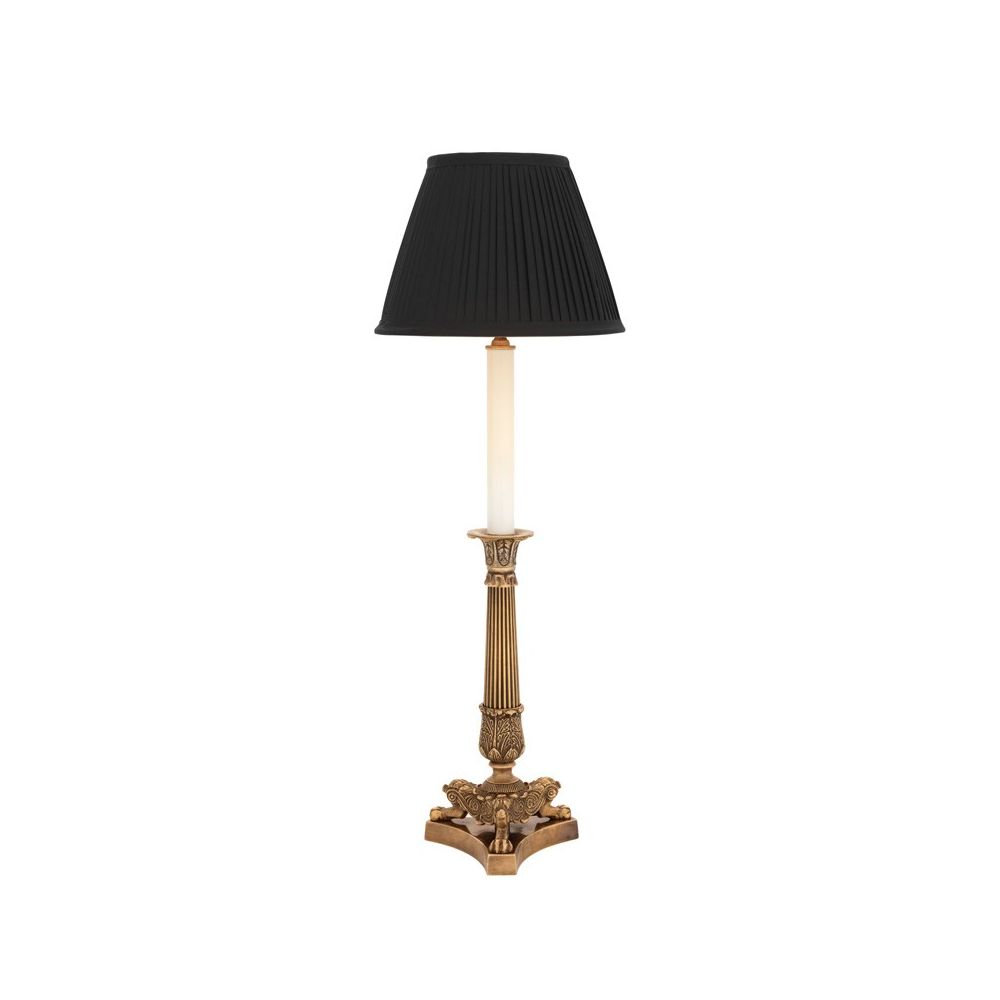 Detailed brass table lamp with black shade