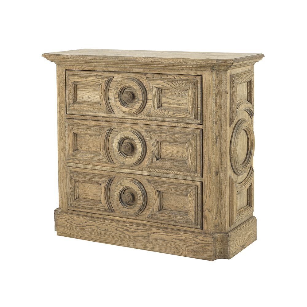 A rustic chest of drawers with a smoked oak finish and three drawers