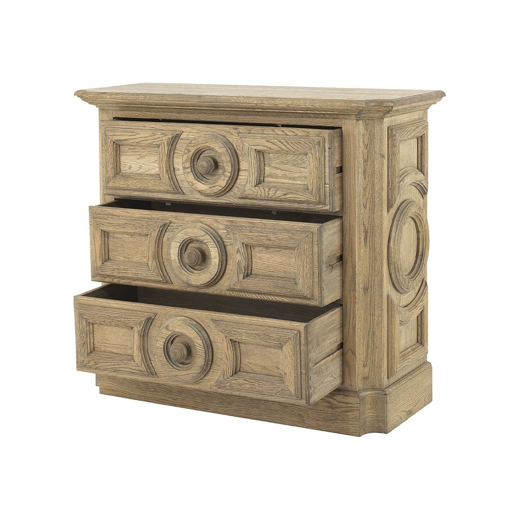 A rustic chest of drawers with a smoked oak finish and three drawers