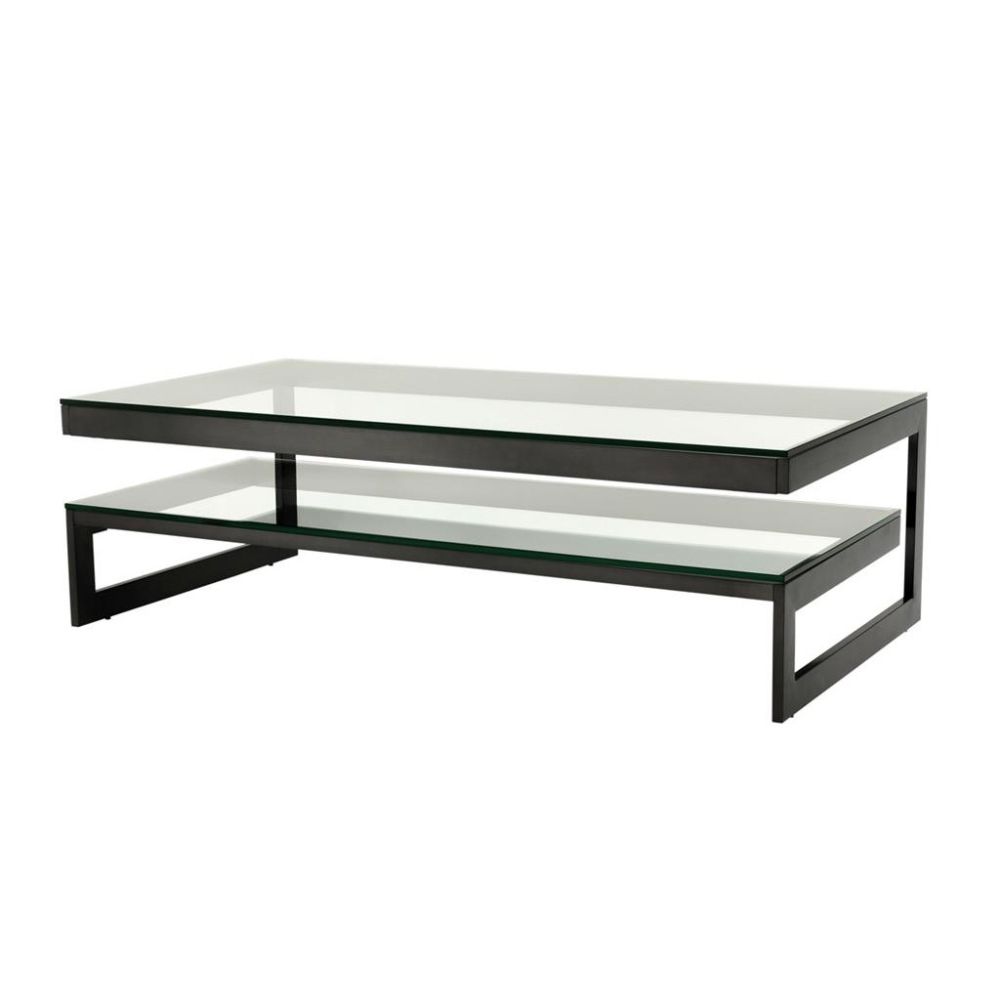 Luxury black matte frame coffee table with glass top and glass shelf