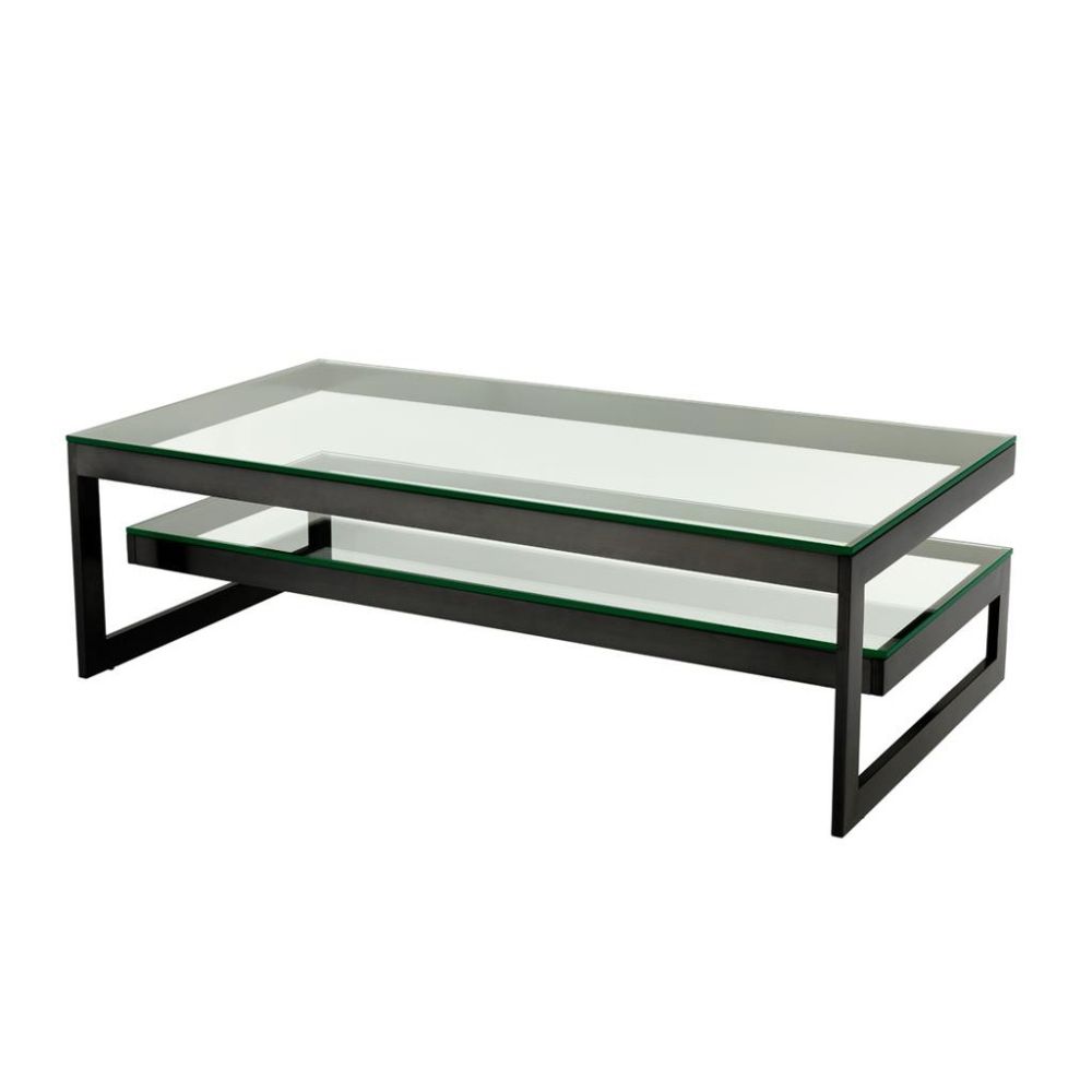 Luxury black matte frame coffee table with glass top and glass shelf