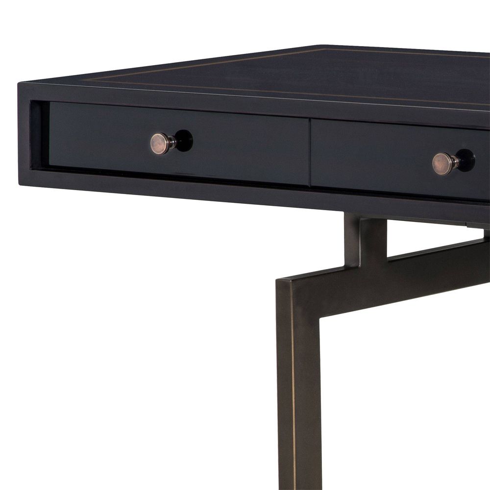 eichholtz desk with eucalyptus figured veneer and bronze finish metal details
