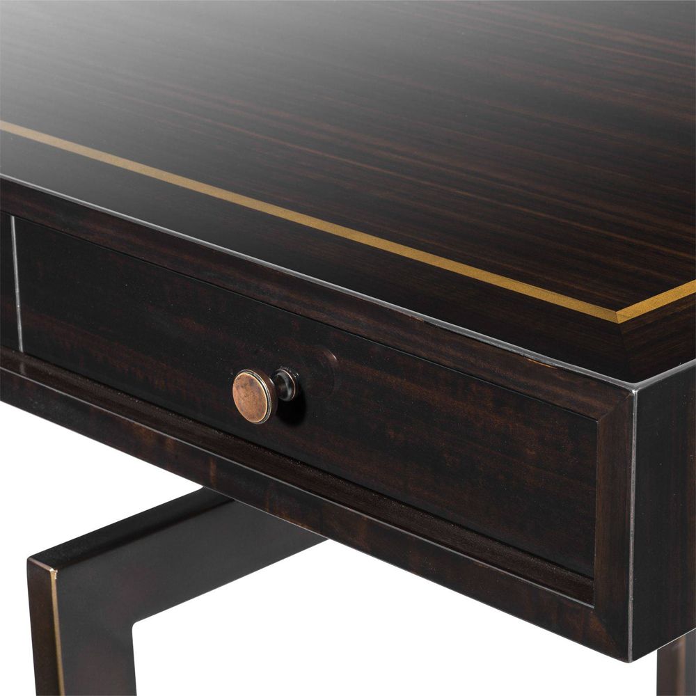 eichholtz desk with eucalyptus figured veneer and bronze finish metal details