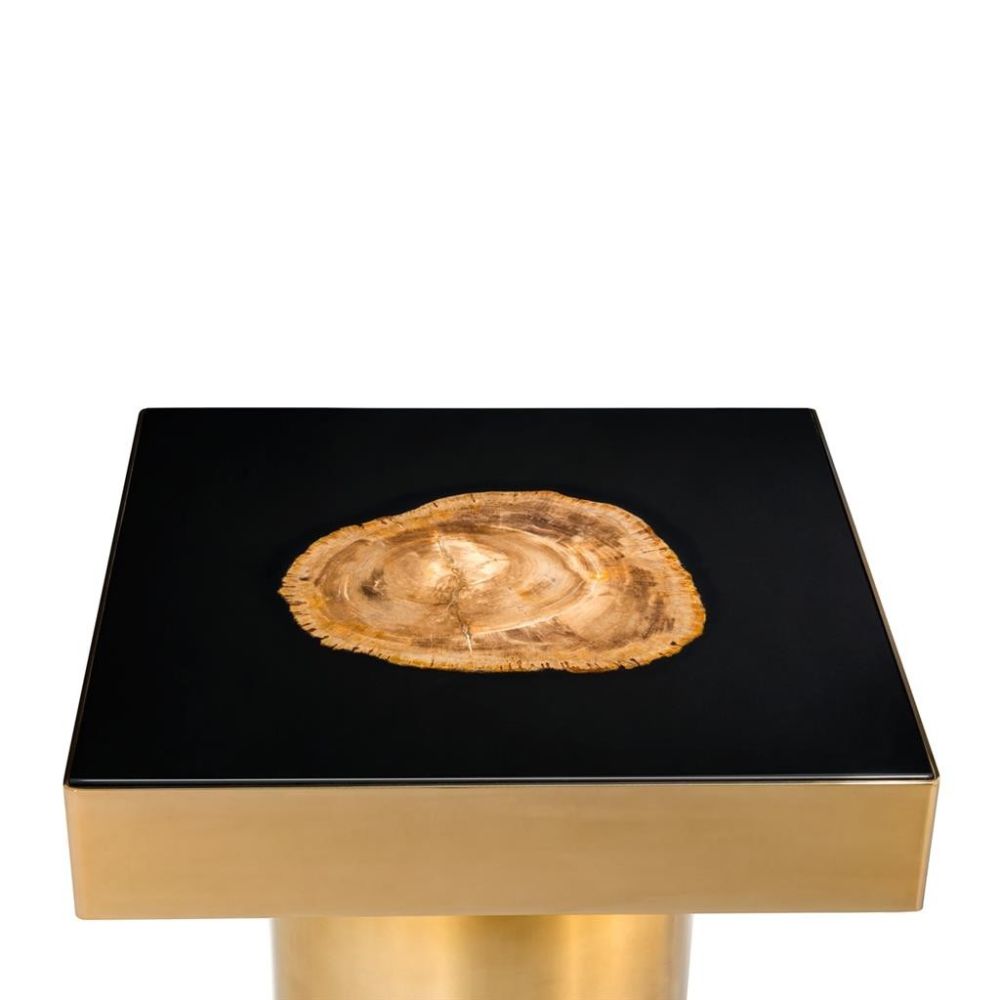 Brass framed side table with wooden feature in the black centre top