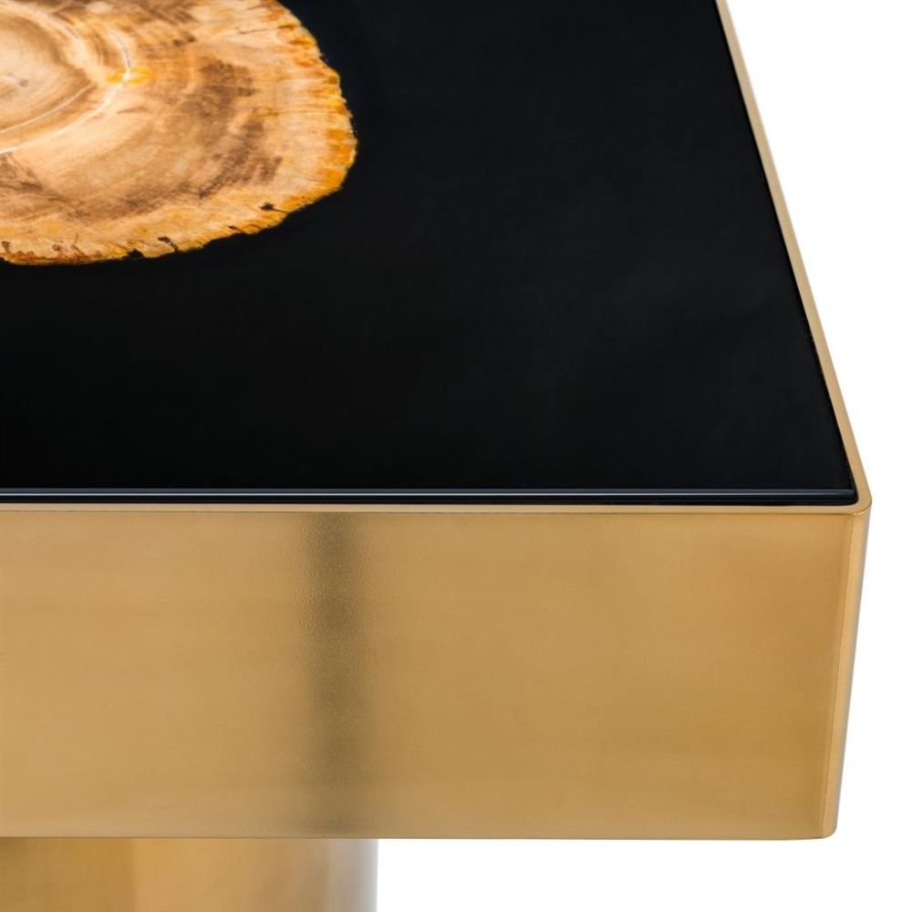 Brass framed side table with wooden feature in the black centre top