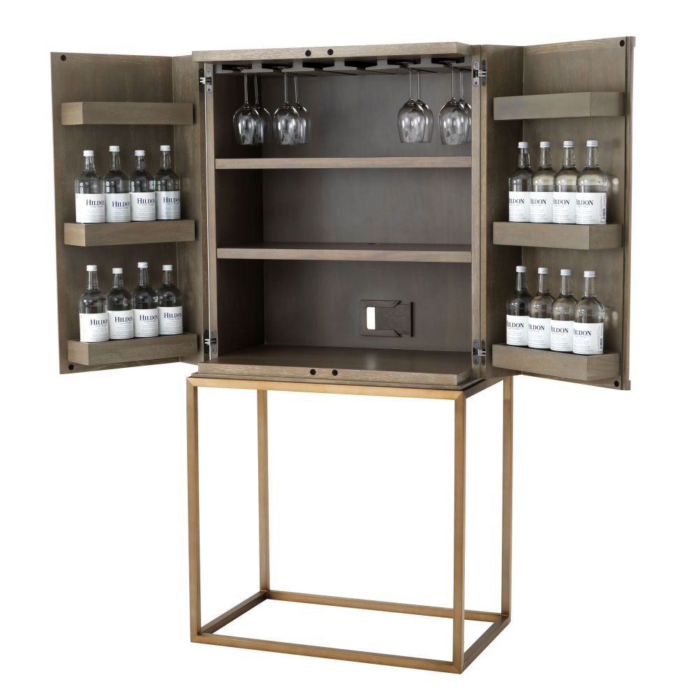 Designer washed oak cupboard cabinet with brass metal legs