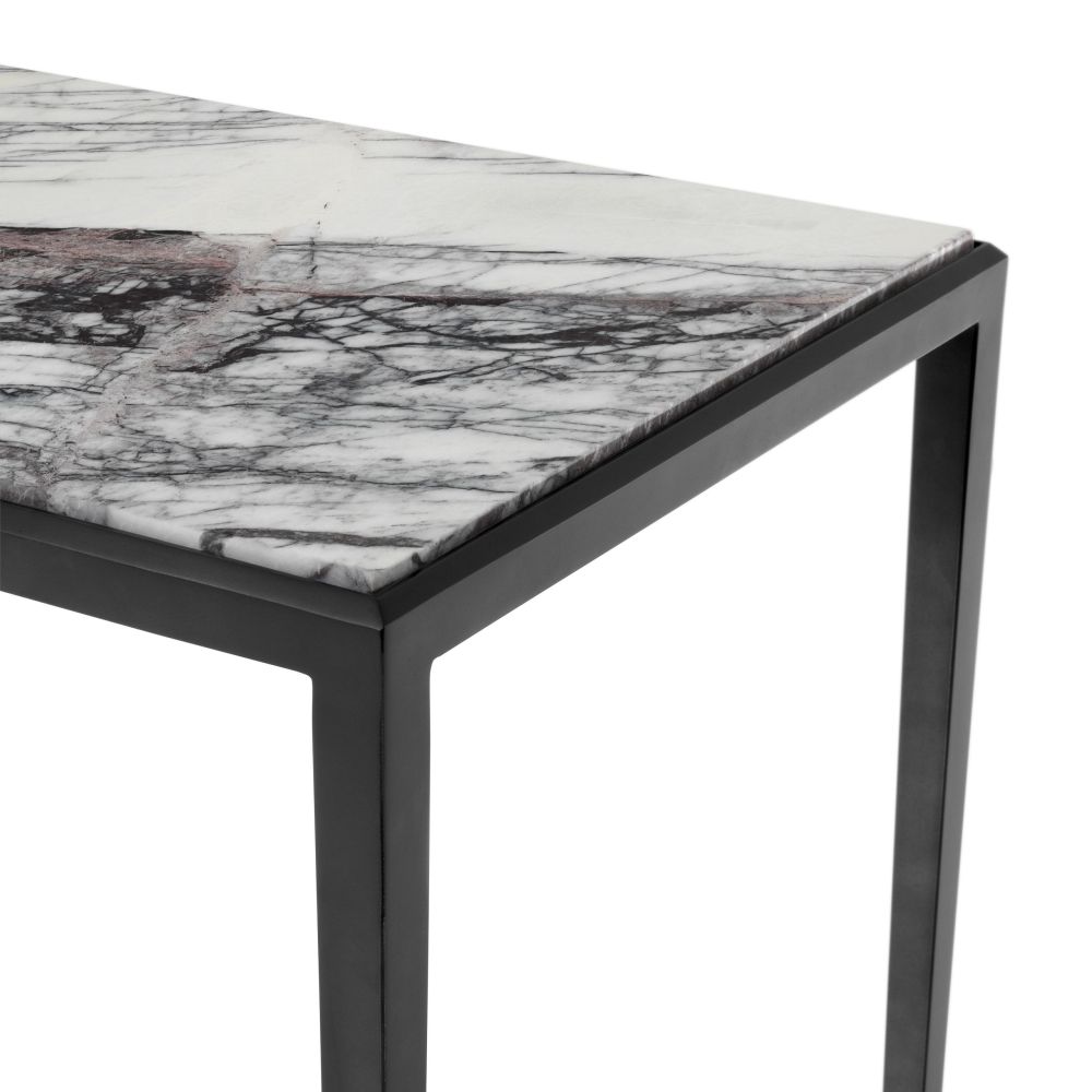 lilac bianco marble top console table with bronze frame 