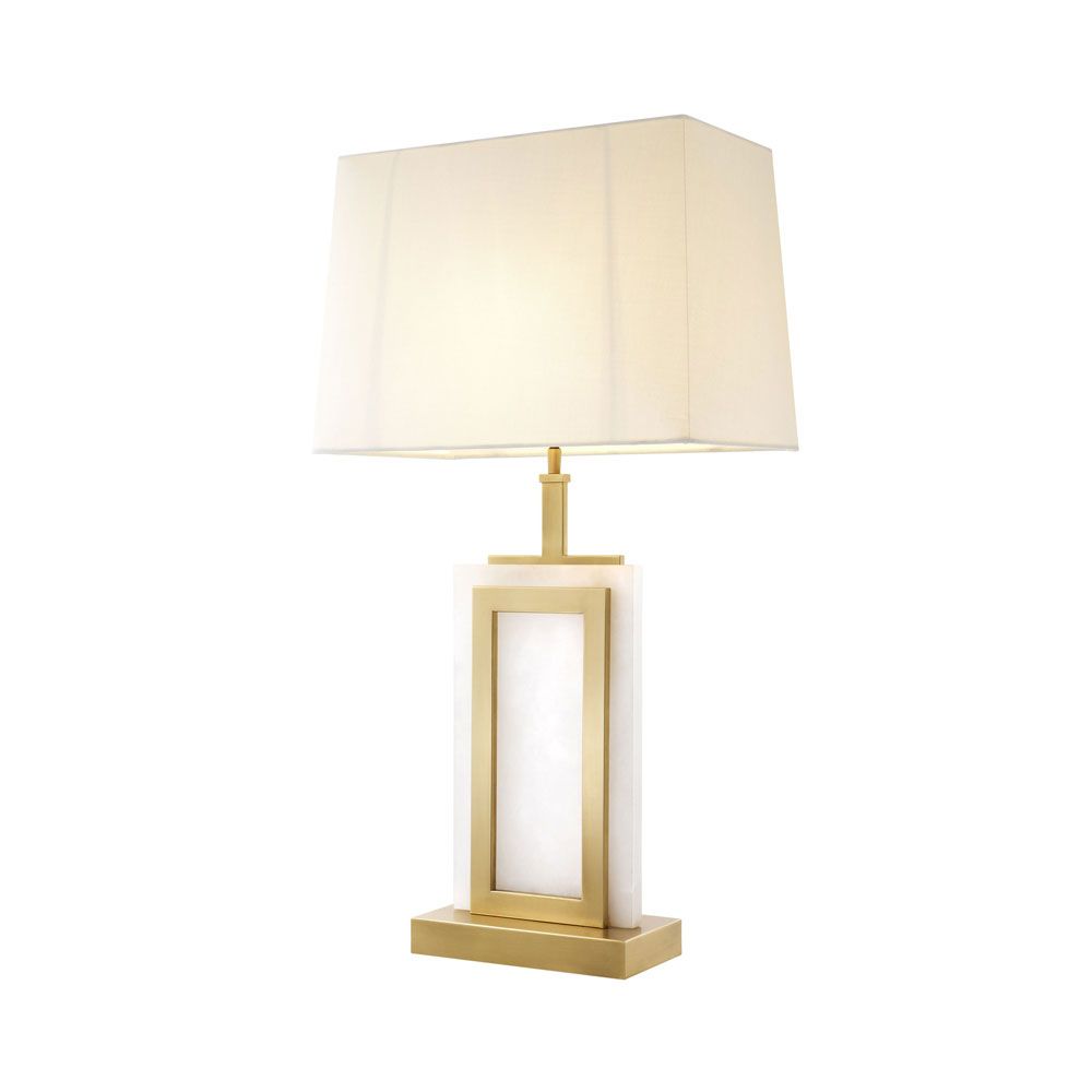 An elegant alabaster and matte brass table lamp with white shade 
