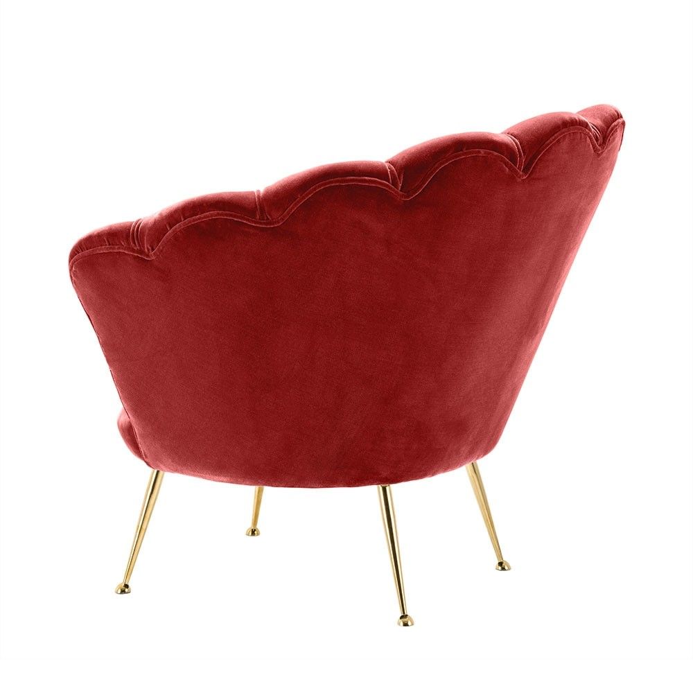 Red art-deco inspired chair with shell design back and gold legs