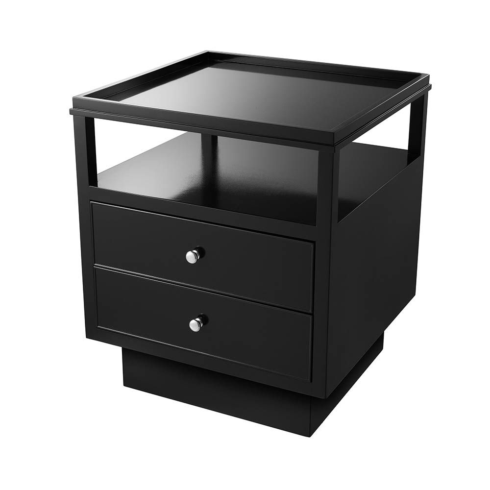 Sleek and bold bedside table with tray top, shelf and two drawers for storage and round nickel handles