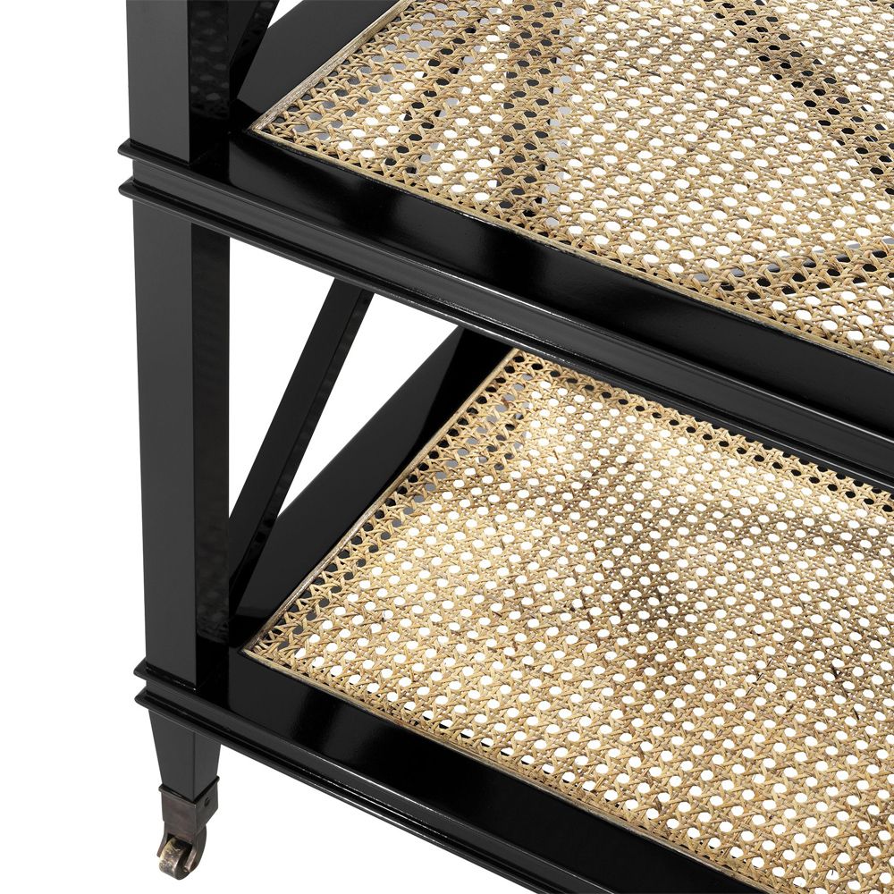 A stunning black mahogany and rattan console table with  a glass surface