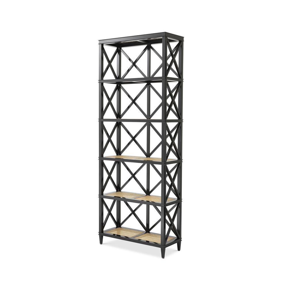 A luxurious black mahogany and natural rattan display cabinet