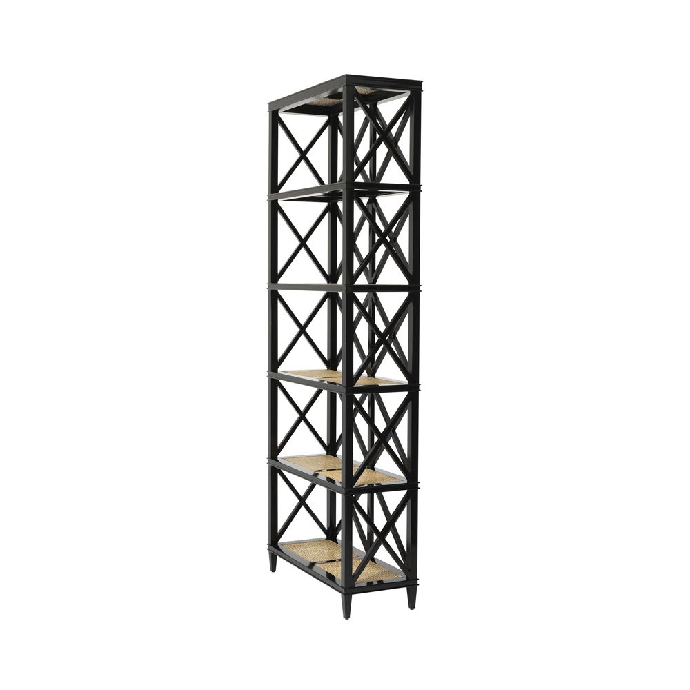 A luxurious black mahogany and natural rattan display cabinet