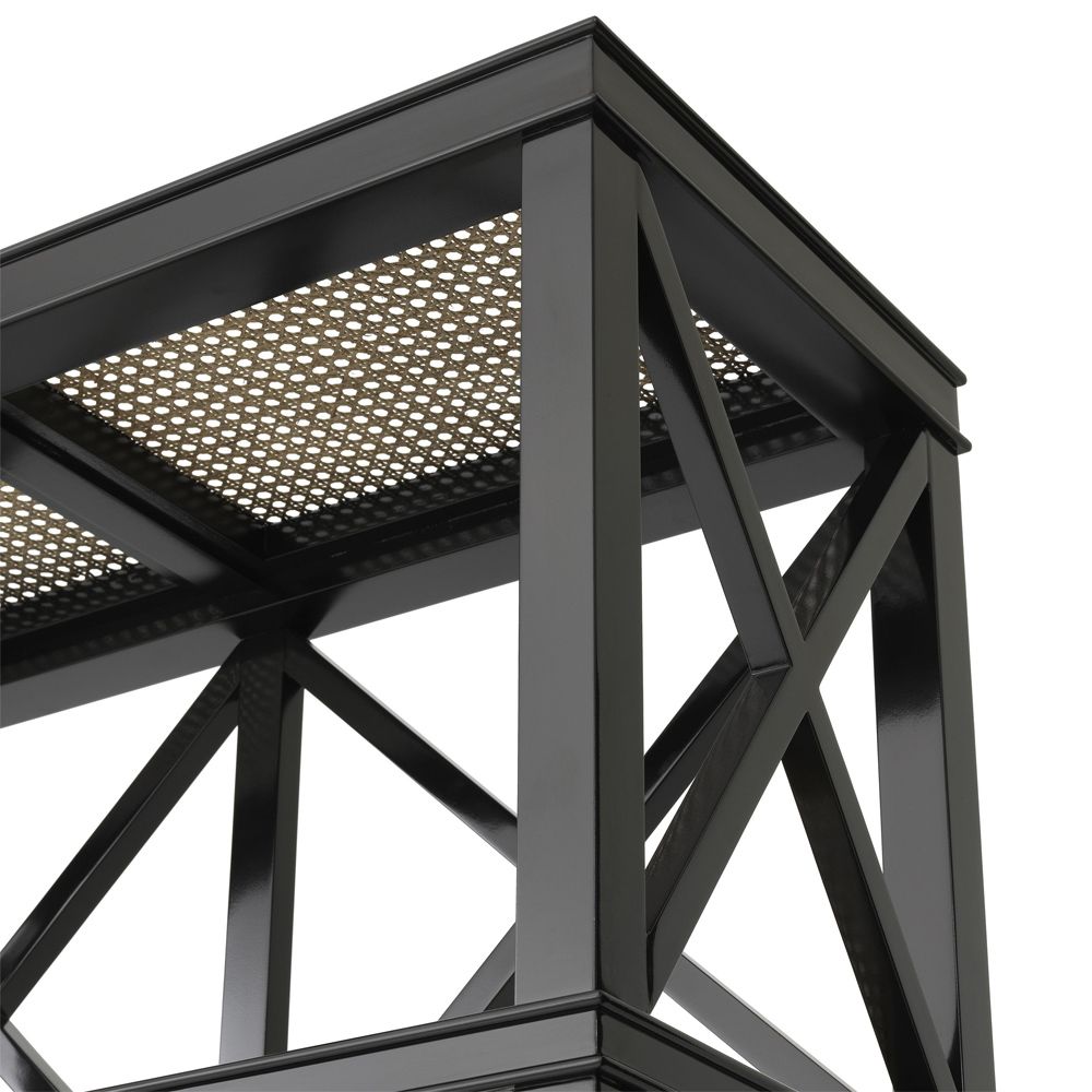 A luxurious black mahogany and natural rattan display cabinet