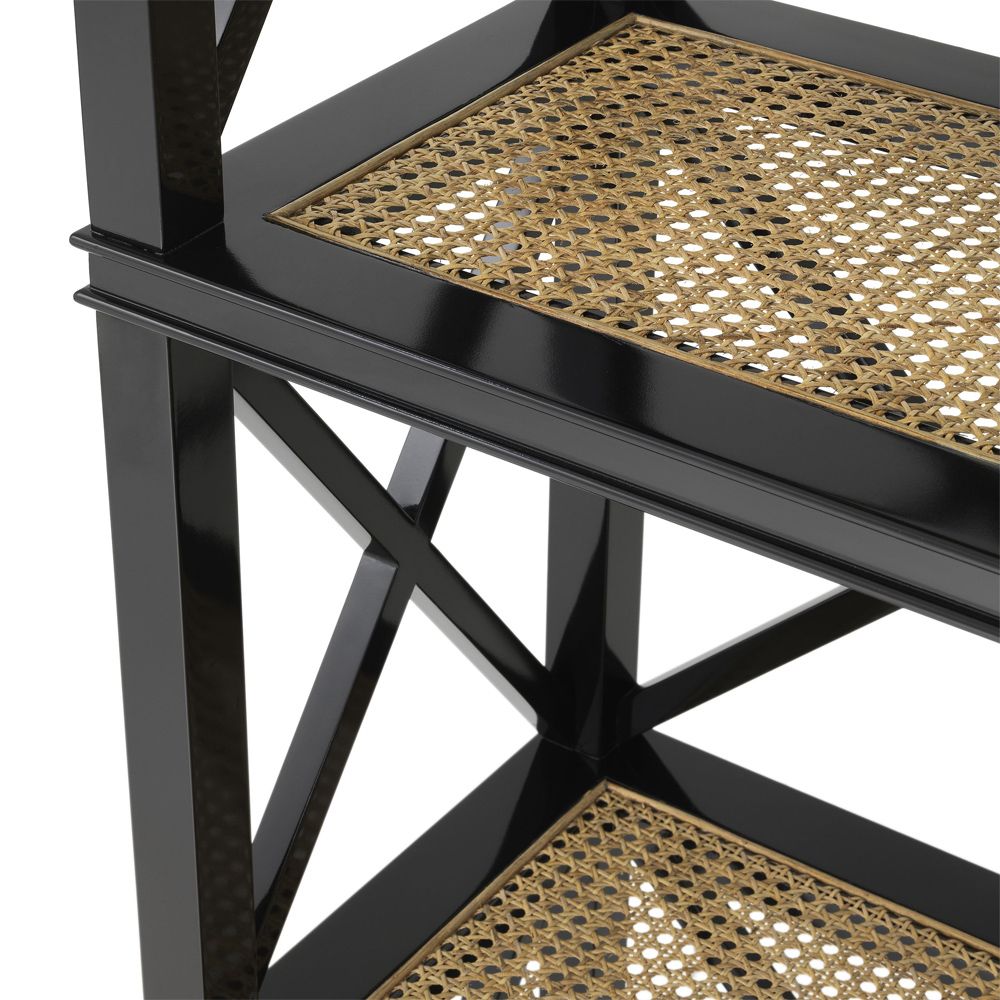 A luxurious black mahogany and natural rattan display cabinet