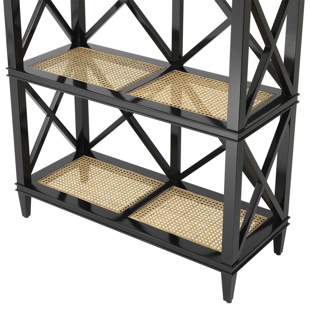 A luxurious black mahogany and natural rattan display cabinet