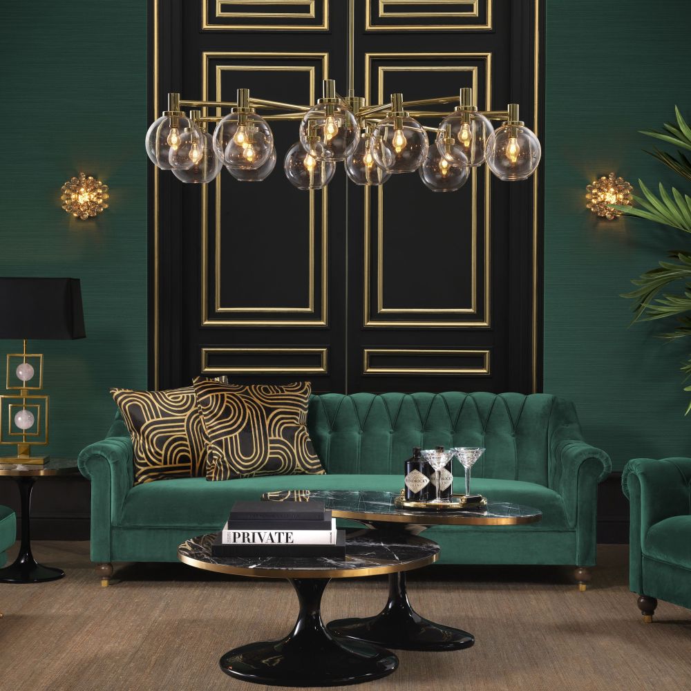 Gold, art deco style 12 glass globe chandelier