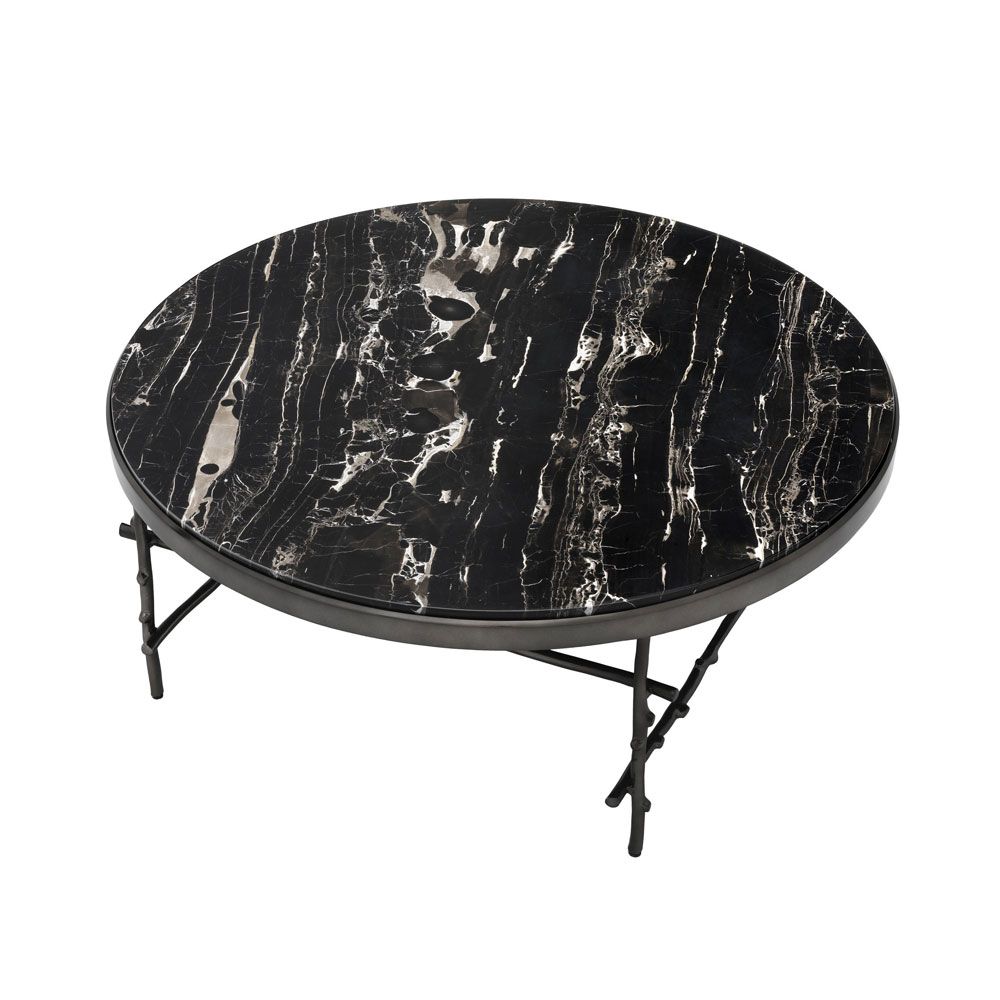 black and white marble round table with bronze finish