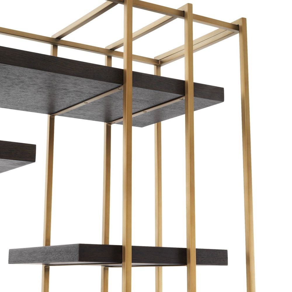 A contemporary industrial-inspired cabinet with polished brass frame and oak shelves