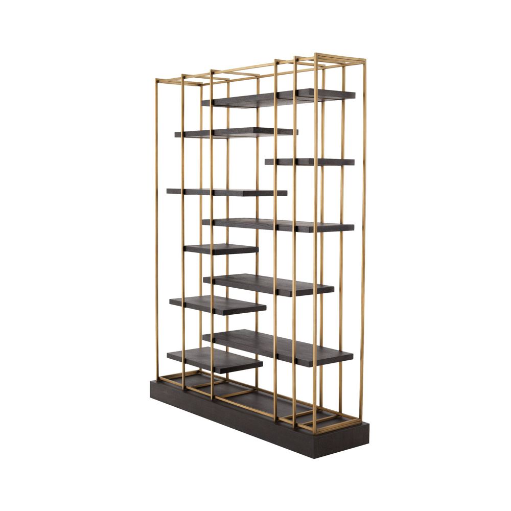 A contemporary industrial-inspired cabinet with polished brass frame and oak shelves
