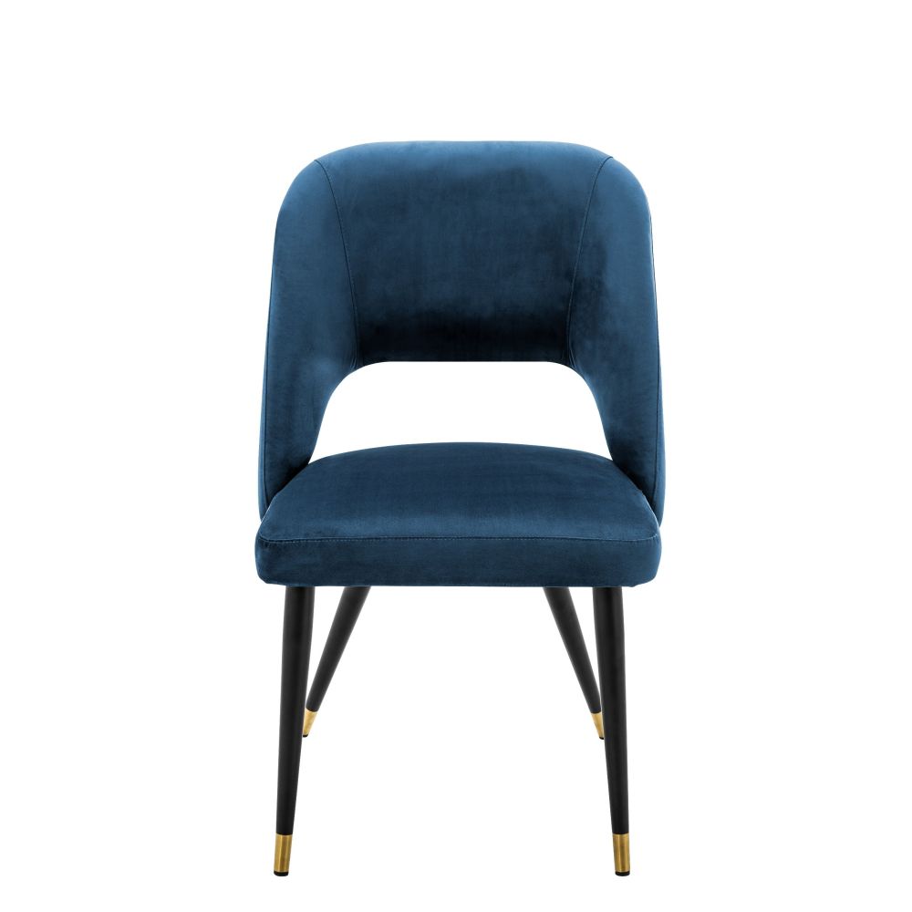 Contemporary blue velvet dining chair with brass capped tapered legs