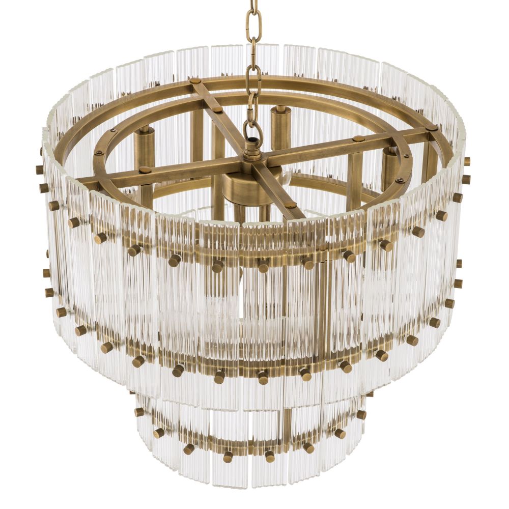 Statement clear glass chandelier with antique brass detailing